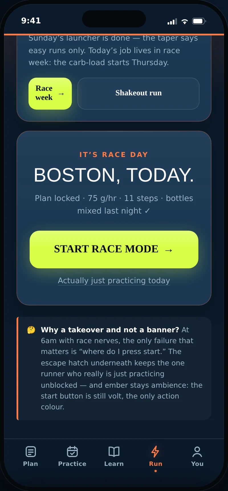 Race morning: the app becomes the start button