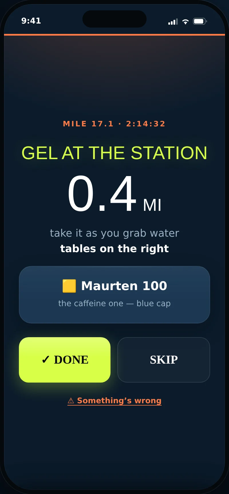 The live cue: gel at the station, four tenths of a mile out