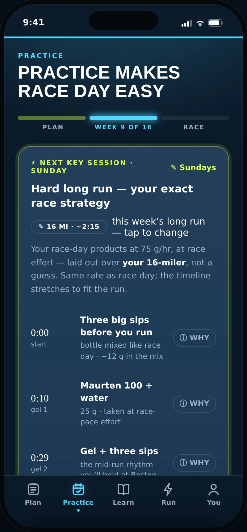 CarbRate Practice tab: week 9 of 16, Sunday hard long run carrying the exact race strategy