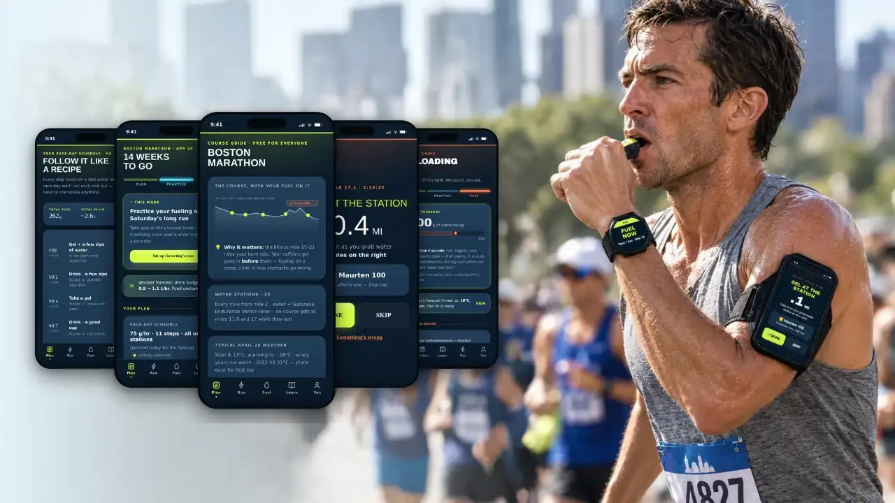 The CarbRate app screens, and a runner taking a gel mid-race with the app on his arm