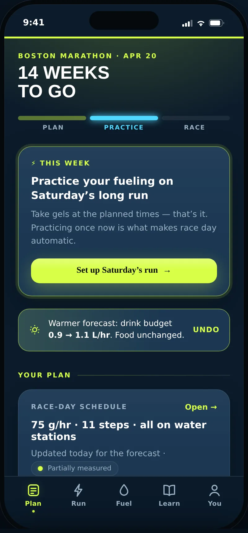 CarbRate plan screen: 14 weeks to go, this week’s fueling practice and the race-day schedule