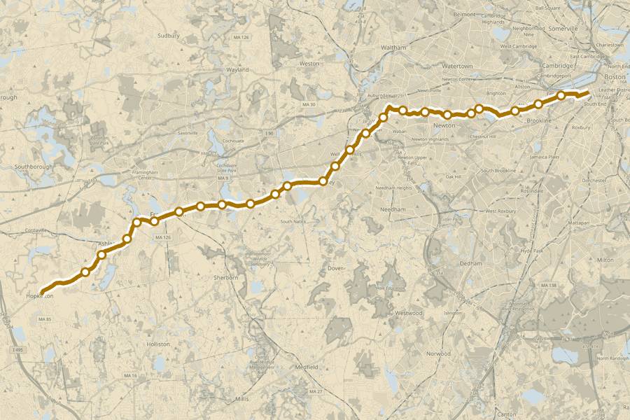 Course map of the Boston Marathon, with a dot at every aid station