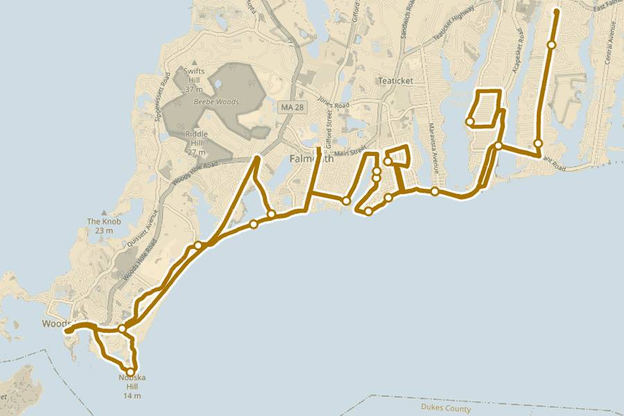 Course map of the Cape Cod Marathon, with a dot at every aid station