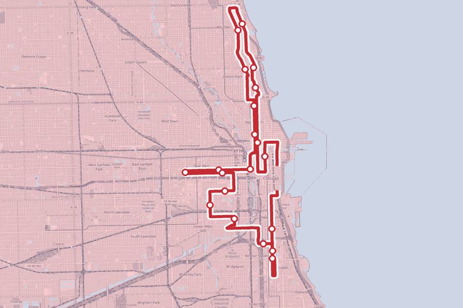 Course map of the Chicago Marathon, with a dot at every aid station