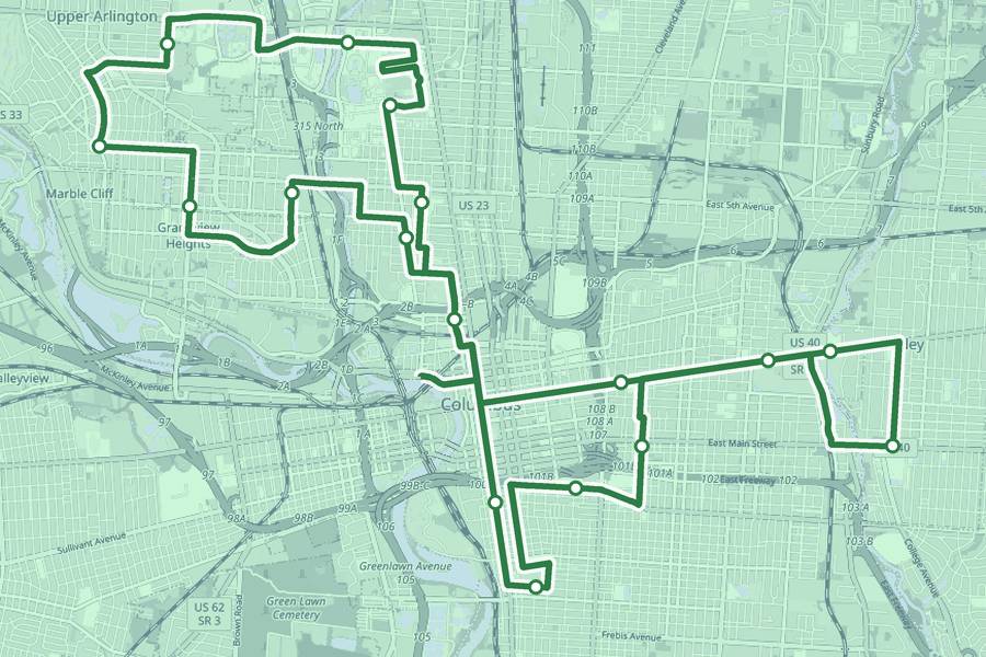Course map of the Columbus Marathon, with a dot at every aid station