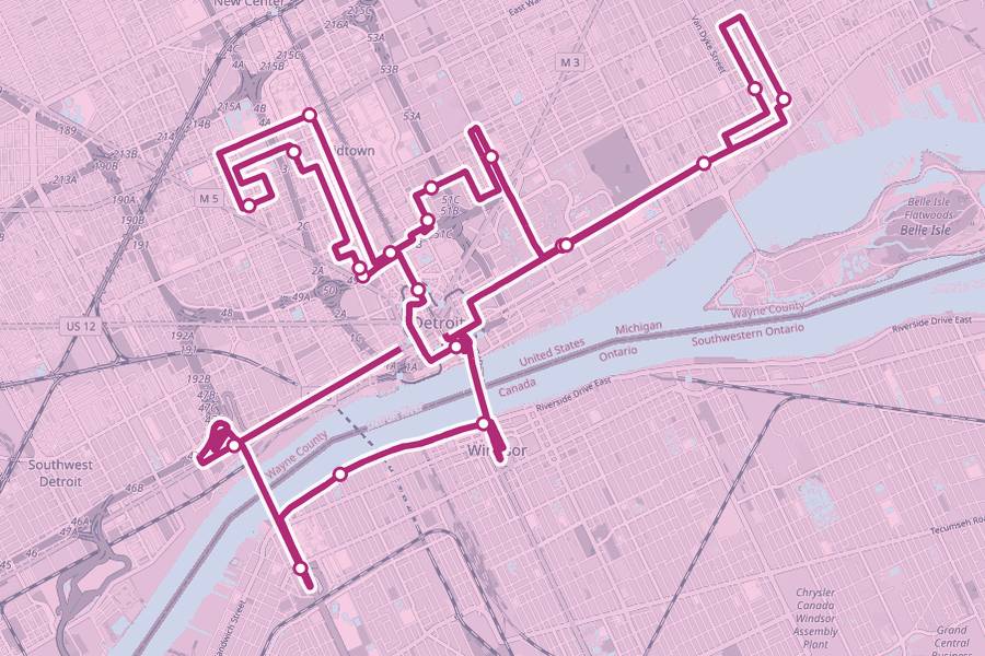 Course map of the Detroit Free Press Marathon, with a dot at every aid station