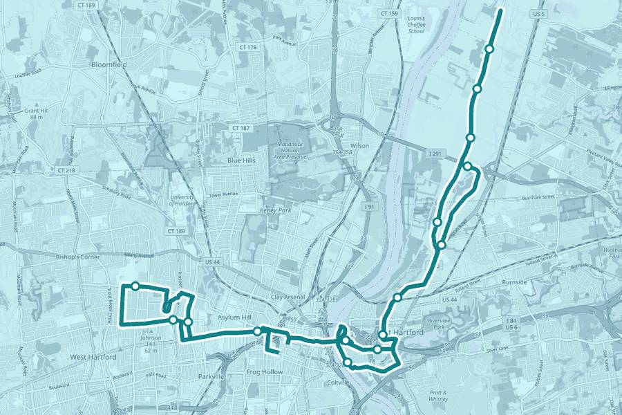 Course map of the Hartford Marathon, with a dot at every aid station