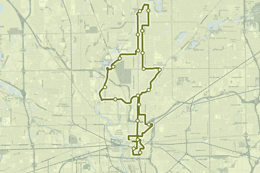 Course map of the Indianapolis Monumental Marathon, with a dot at every aid station