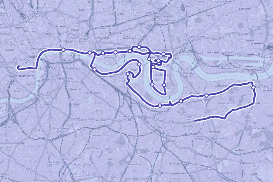 Course map of the London Marathon, with a dot at every aid station