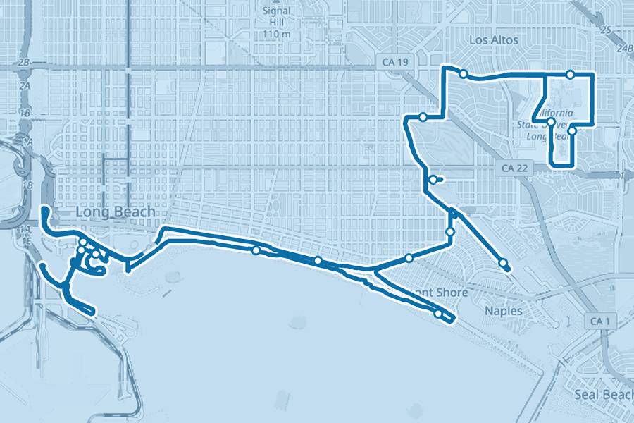 Course map of the Long Beach Marathon, with a dot at every aid station