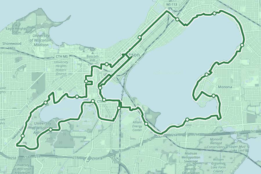 Course map of the Madison Marathon, with a dot at every aid station