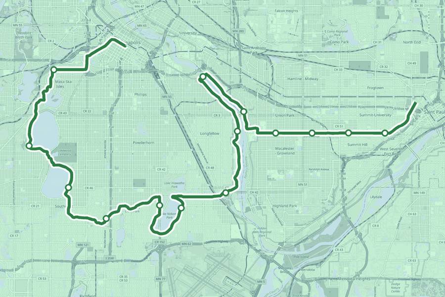 Course map of the Twin Cities Marathon, with a dot at every aid station