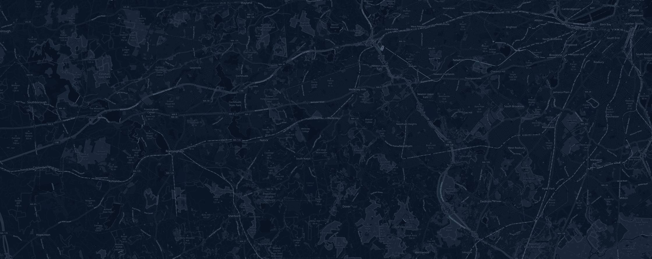 Map of the Boston Marathon course with the 24 aid tables marked