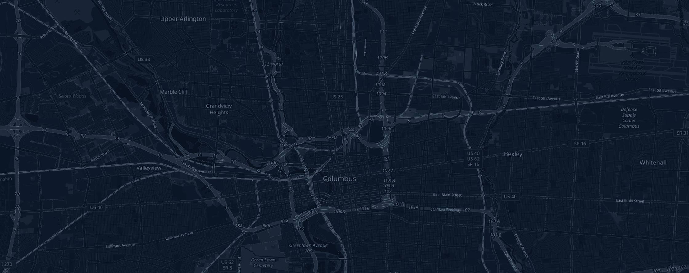 Map of the Columbus Marathon course with the 17 aid tables marked