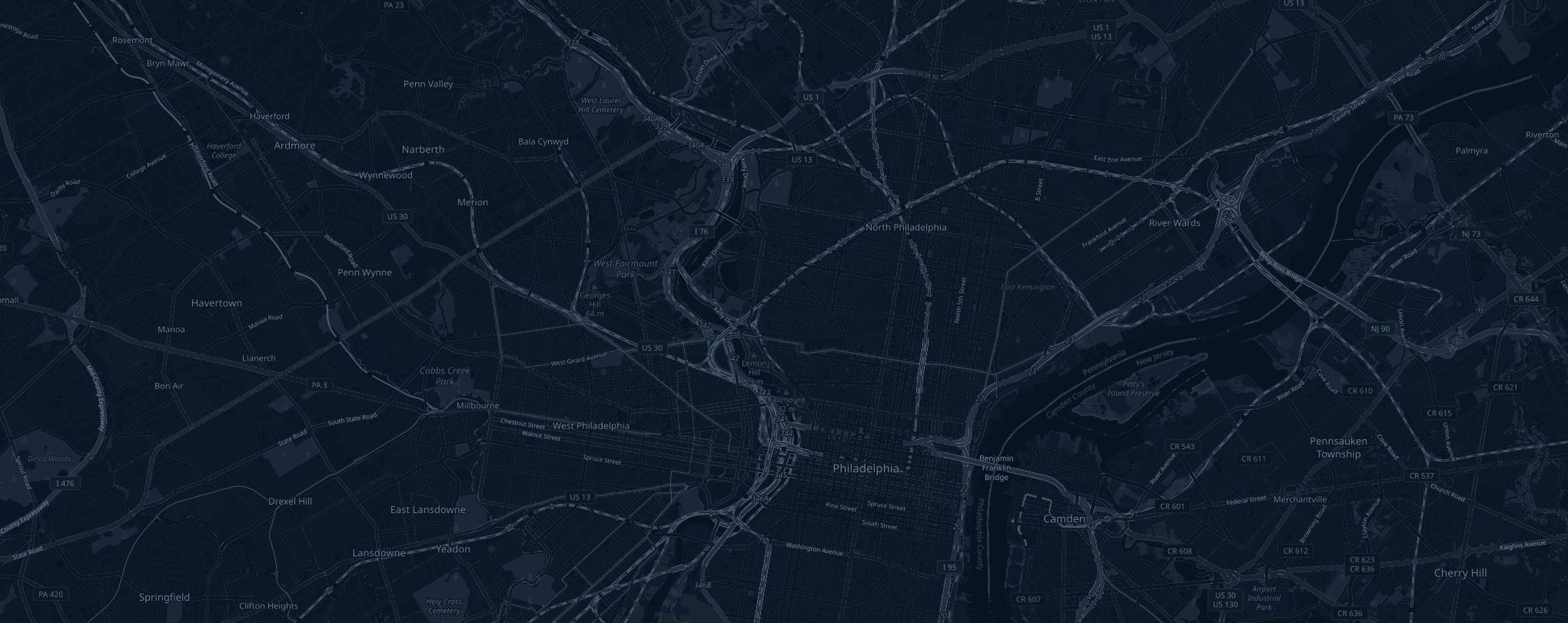 Map of the Philadelphia Marathon course with the 16 aid tables marked